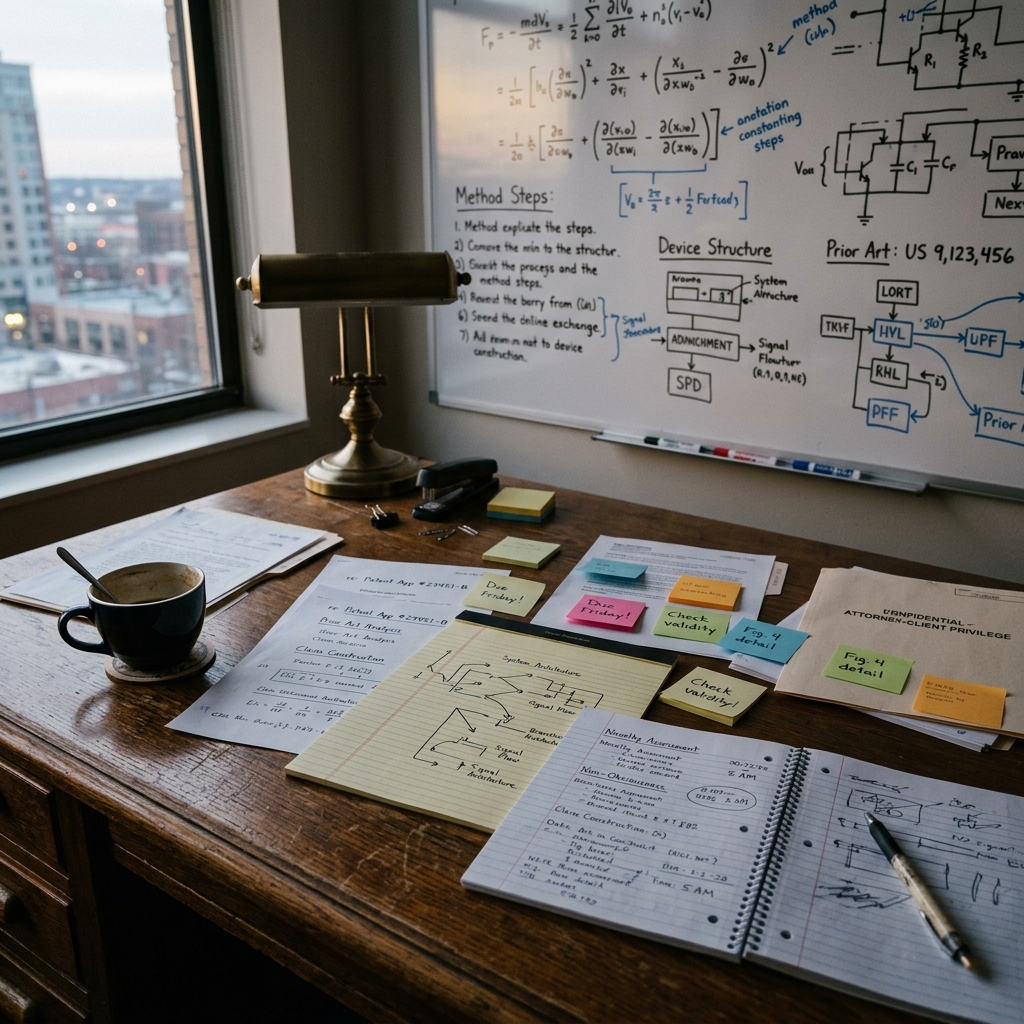 A desk with scattered papers and a whiteboard