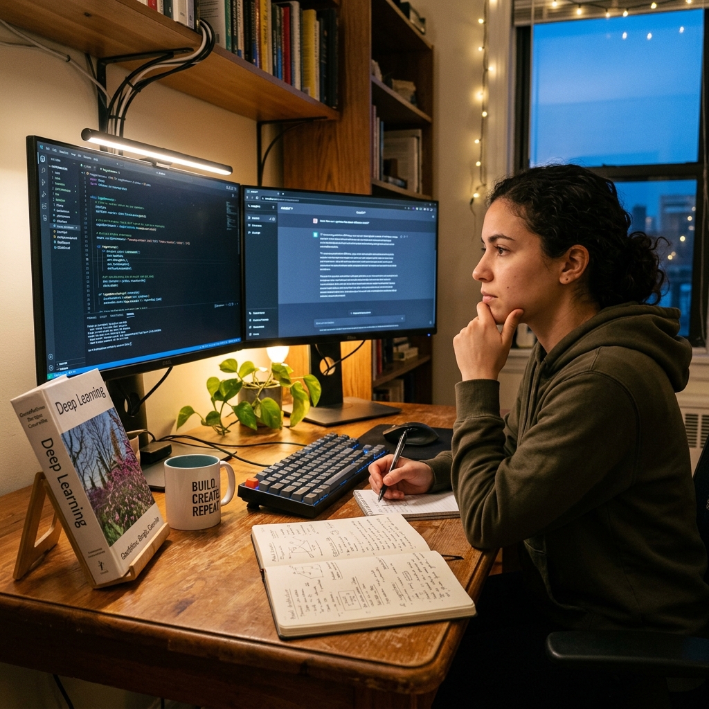 A focused young engineer at a dual-monitor desk, code on one screen, AI chat on the other, handwritten notebook open beside the keyboard, Deep Learning textbook propped nearby