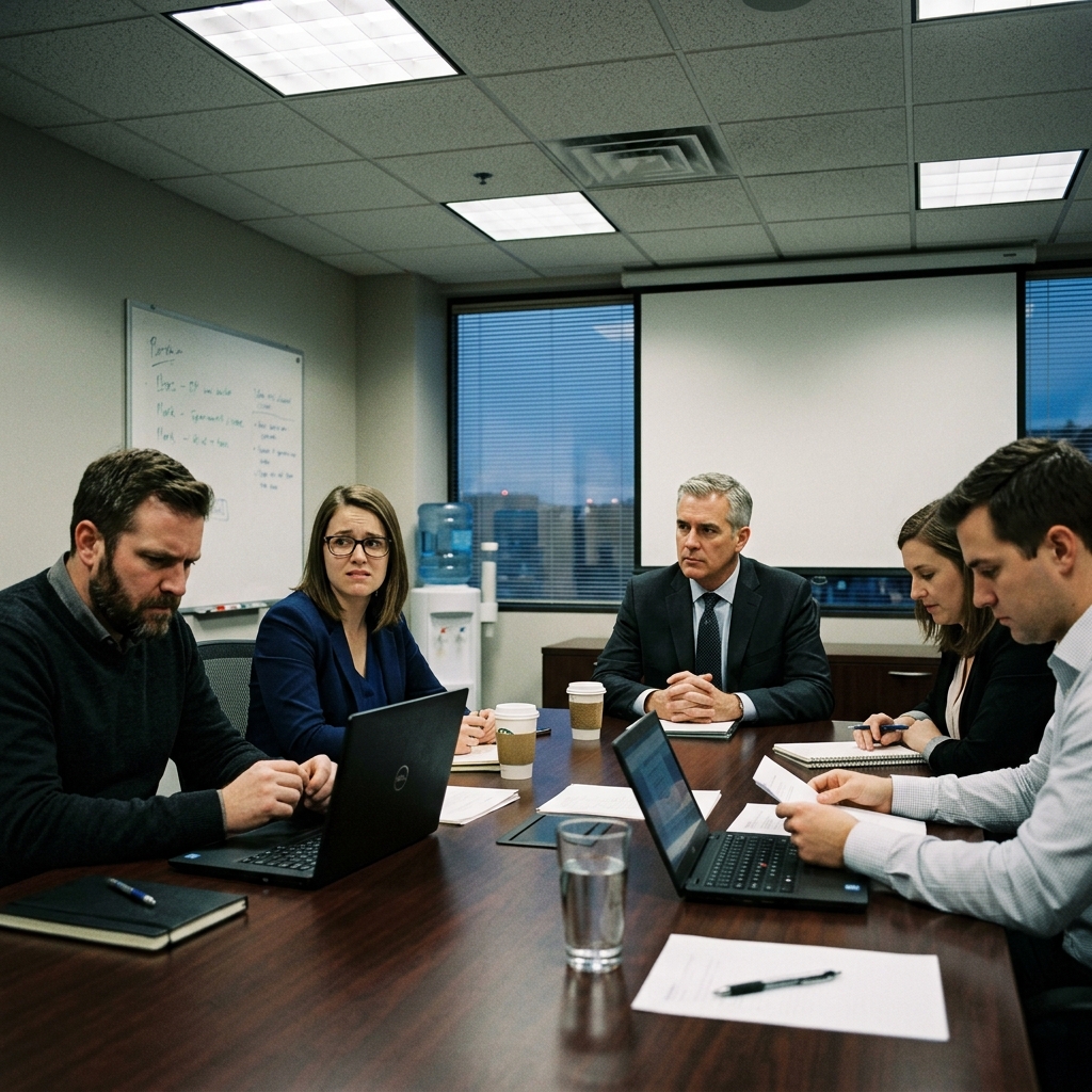 A corporate meeting room with a small team around a conference table. A manager has just said something pointed; one person looks down uncomfortably, another has a tense expression. The silence is visible.