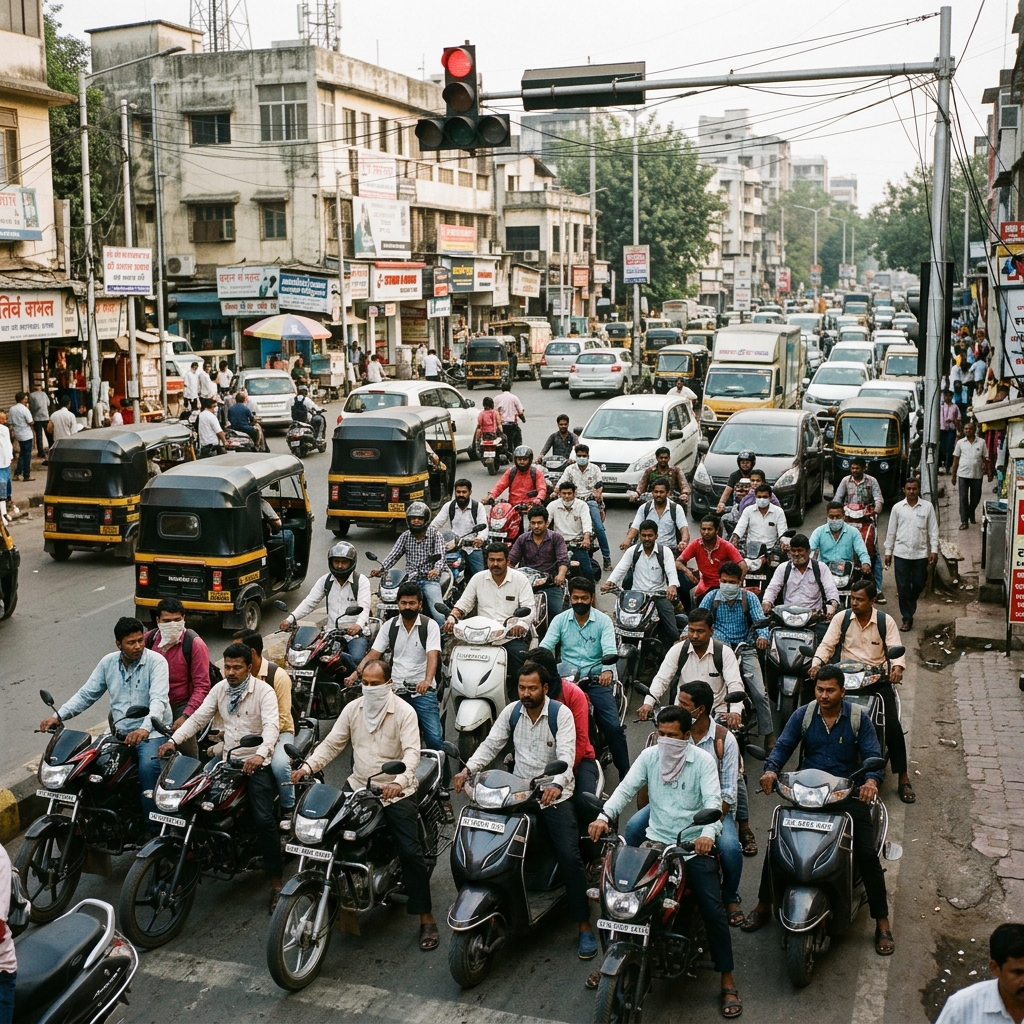Dozens of motorcyclists and scooter riders stopped at a red light in an Indian city... most without helmets, some still wearing Covid masks, the signal overhead showing red