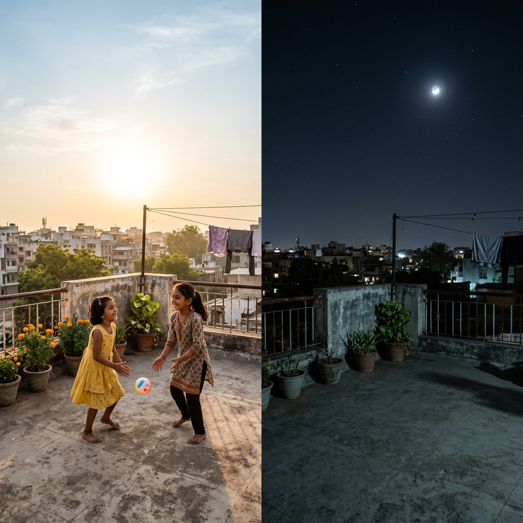 Two girls playing on a rooftop terrace in daylight, and the same terrace under a night sky with the moon visible