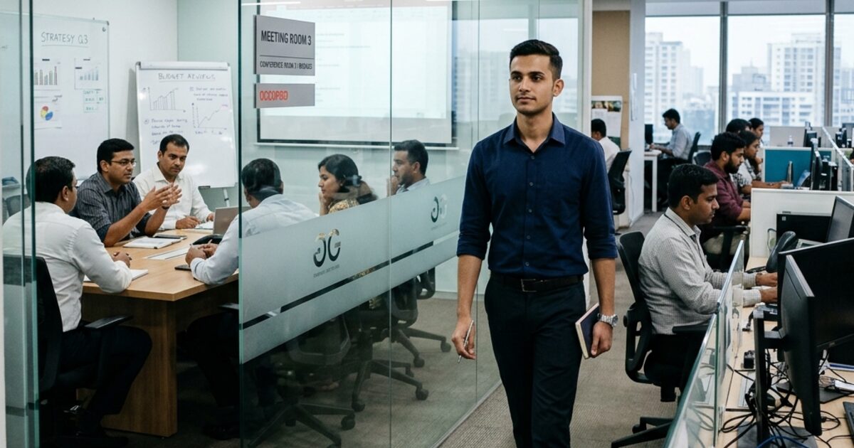 A young Indian office worker walking out of a glass-walled meeting room marked 'OCCUPIED'... posture upright, expression composed and calm... colleagues still visible through the glass behind him... the game is over