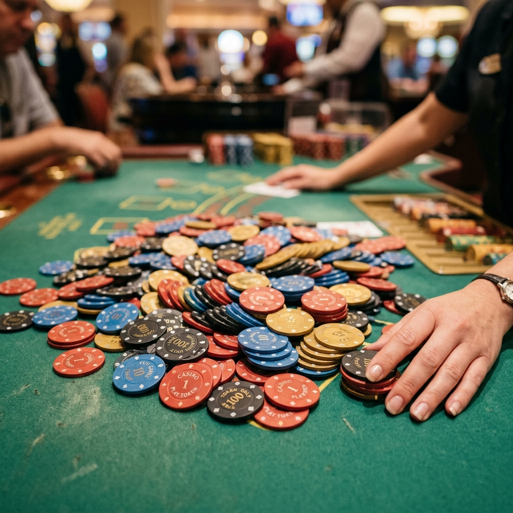 A large pile of colorful casino chips... red, blue, black and gold... scattered on a green felt table, a dealer's hand visible at the edge. No cash anywhere in the frame.