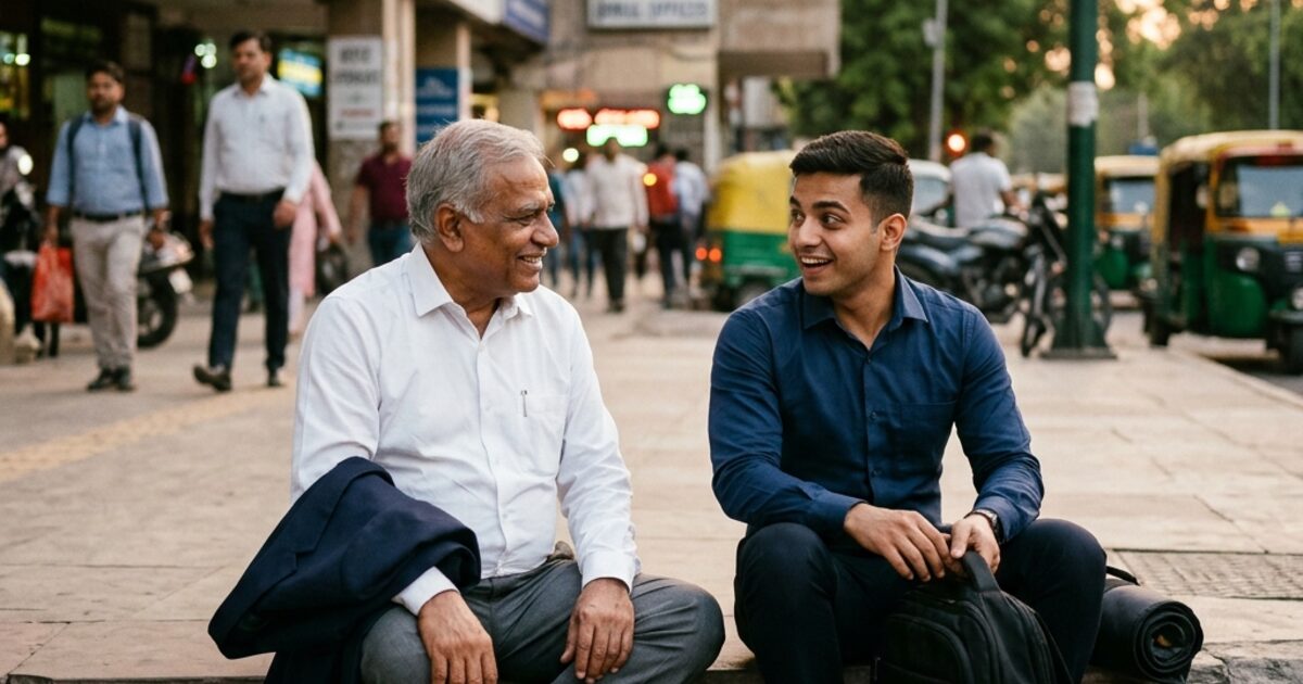 An older distinguished Indian man in a white shirt with his suit jacket on his lap, sitting on a pavement step in Delhi alongside a young professional... both smiling, at the same level... Nehru Place and autorickshaws visible behind them