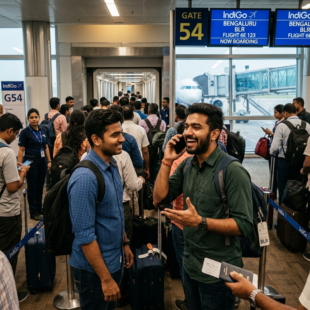 Two young men standing in an airport boarding queue, one holding a phone to his ear, animated expression, busy terminal in the background, other passengers waiting in a slow line