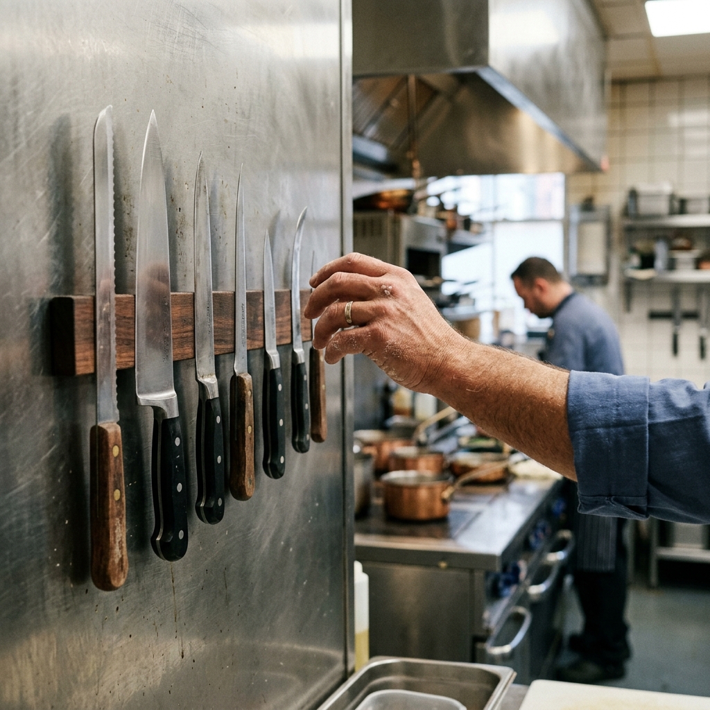 A chef's hand reaching precisely for one specific knife from a magnetic strip holding eight different knives of varying sizes and shapes in a professional kitchen