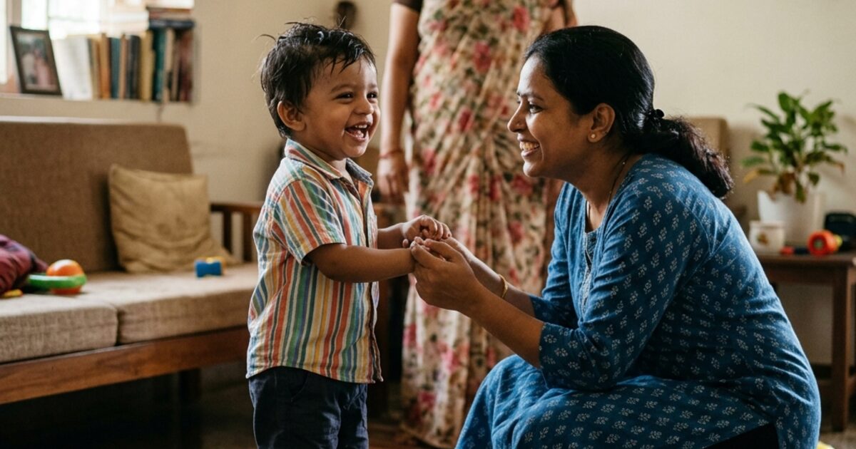 A toddler beaming with delight at a woman crouching to his level and holding his hands... the mother visible in the background watching warmly... the exact moment a child's brain decides to trust someone... toys scattered on the floor