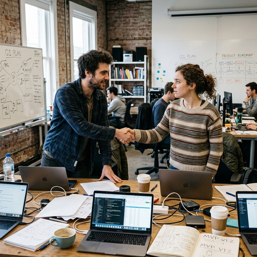 Two founders shaking hands across a cluttered startup office table... laptops, notebooks, coffee cups everywhere. Hopeful energy with a touch of uncertainty.