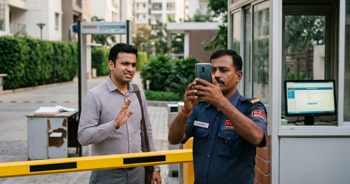 A security guard at an Indian colony gate holding a smartphone up to photograph a visitor who has his hand raised in mild objection... the barrier gate and glowing booth computer visible behind them
