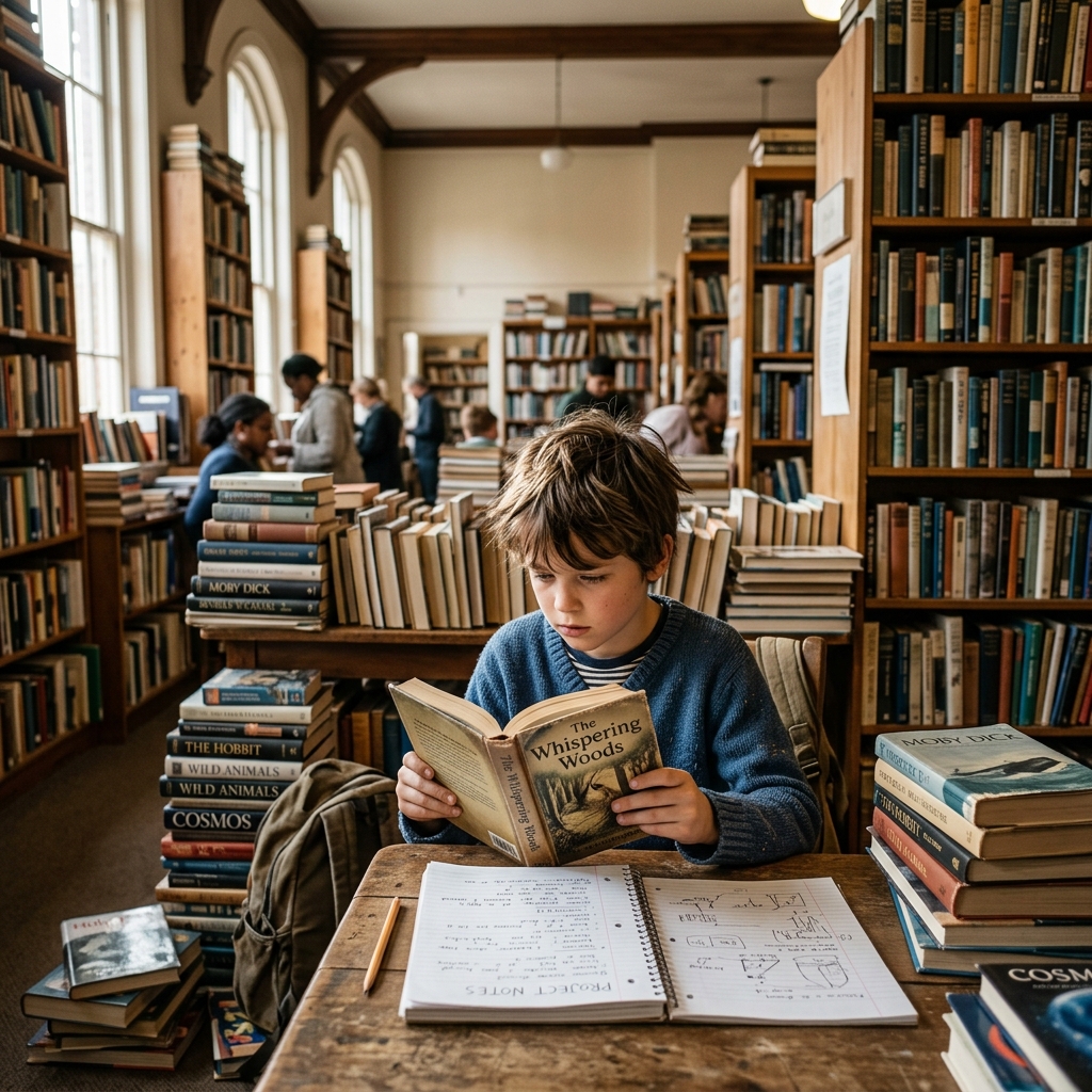A young boy reading a book in a large library