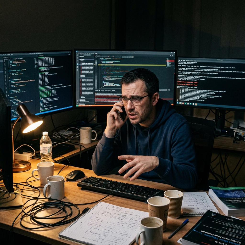 A software developer at a desk late at night, three monitors showing code and errors behind him, exhausted and frustrated, talking on the phone to explain a problem to a friend
