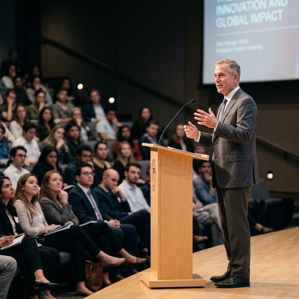 A speaker at a university podium addressing an audience