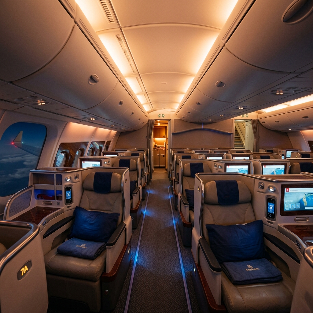 The interior of an Emirates business class cabin during a flight