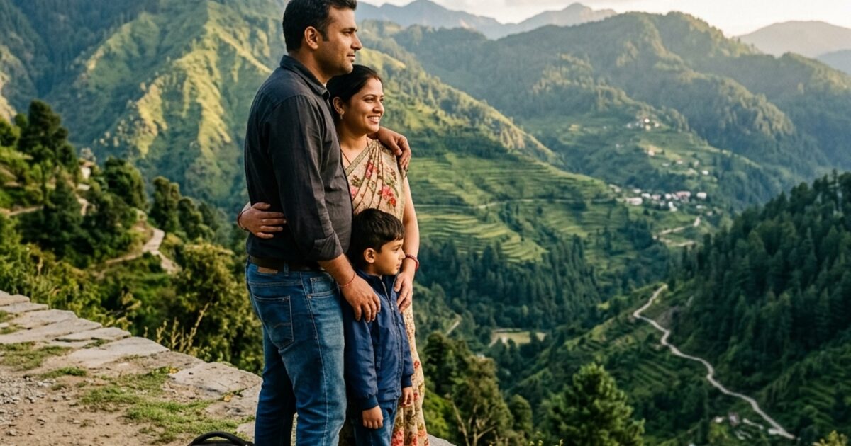 An Indian family standing at a scenic Dalhousie mountain viewpoint... man, wife, and child looking at the green hills... a laptop bag sitting at the man's feet, slightly incongruous against the beauty around them