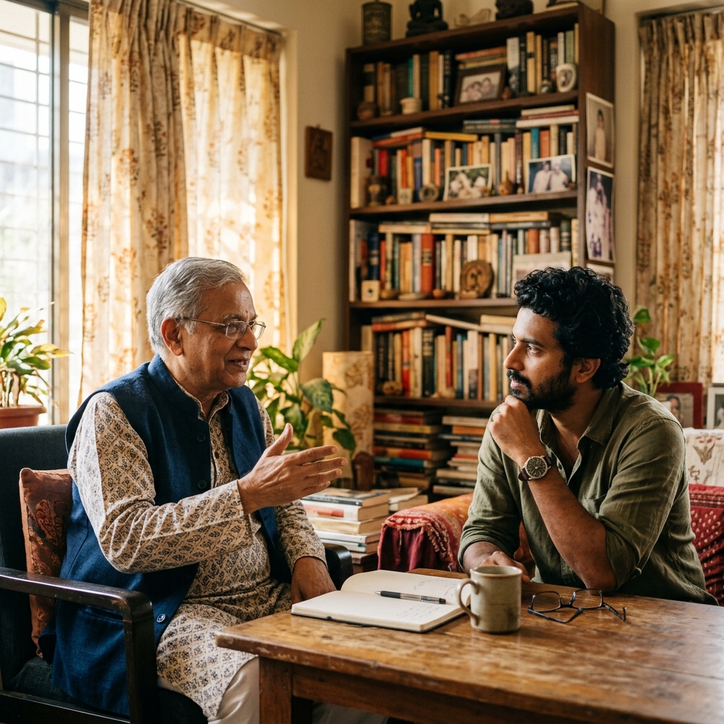 An older Indian scholar in a Nehru jacket, warm and precise, speaking across a table to his son who listens carefully... bookshelves behind them, afternoon light through curtains, a notebook and tea on the table