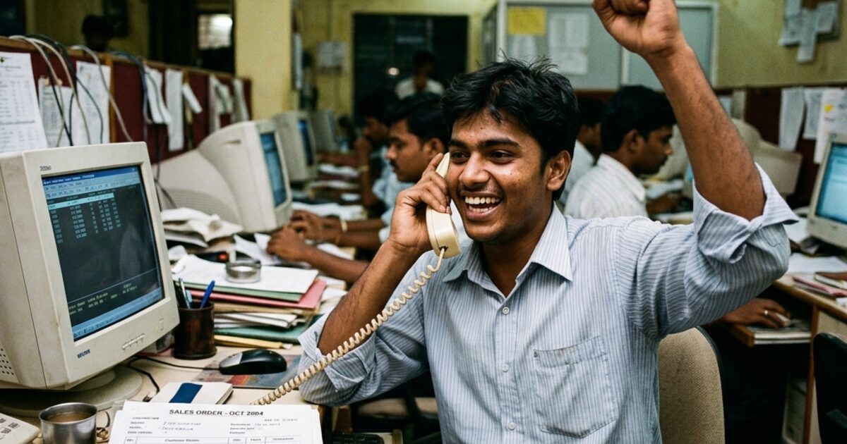A young Indian salesman in his early twenties at a 2004-era office desk... CRT monitor beside him, a Sales Order sheet on the desk, landline phone to his ear, fist raised in celebration... the moment of a first sale