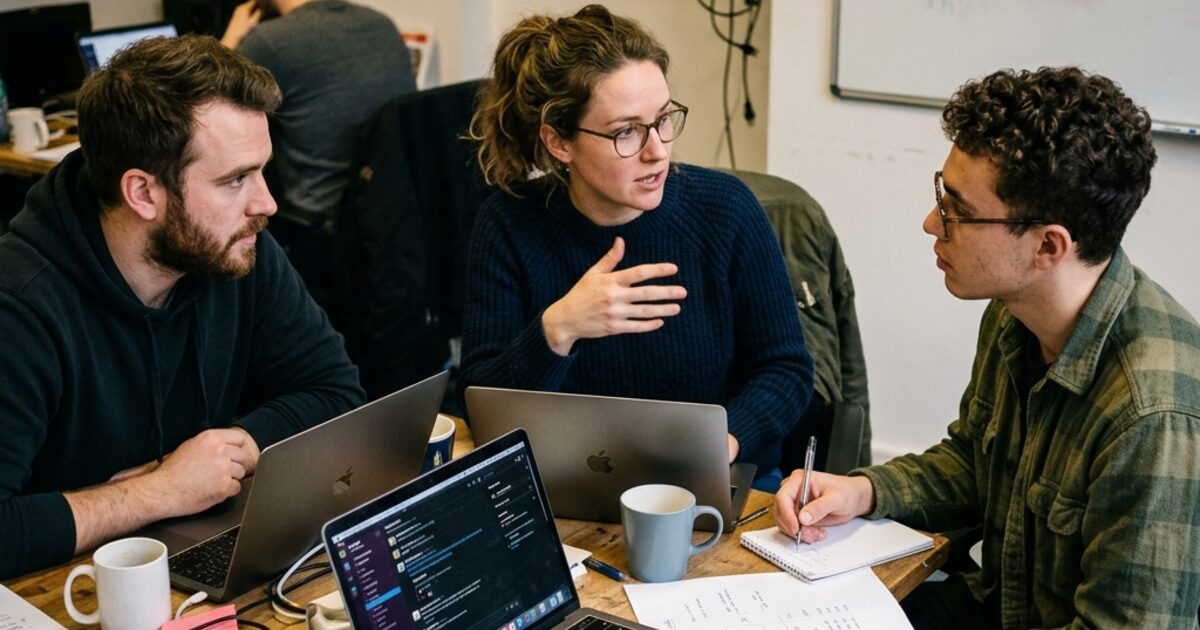 Three startup founders in a candid working session around a cluttered table... laptops, coffee cups, sticky notes with MVP and SCRUM written on them... the daily intimacy of building a company together