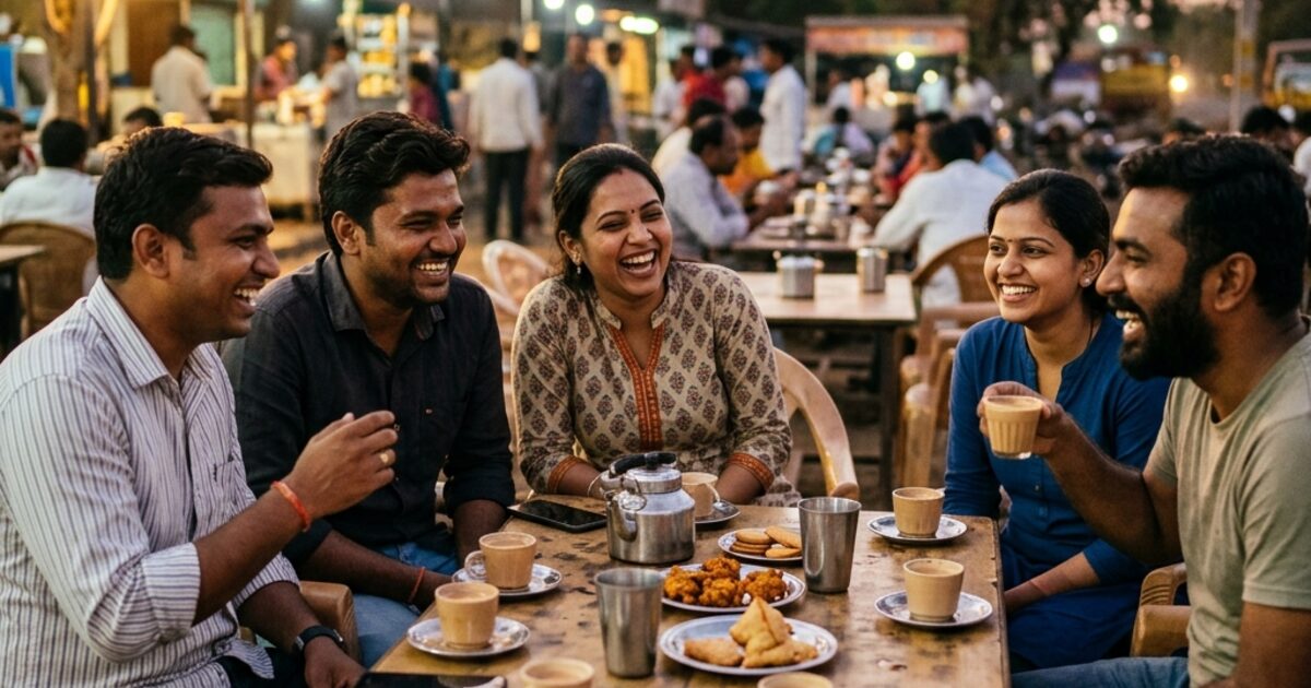 A group of five Indian friends sitting around a table at dusk... laughing, chai and samosas between them, a steel teapot, warm evening light... the kind of gathering that Covid slowly made impossible