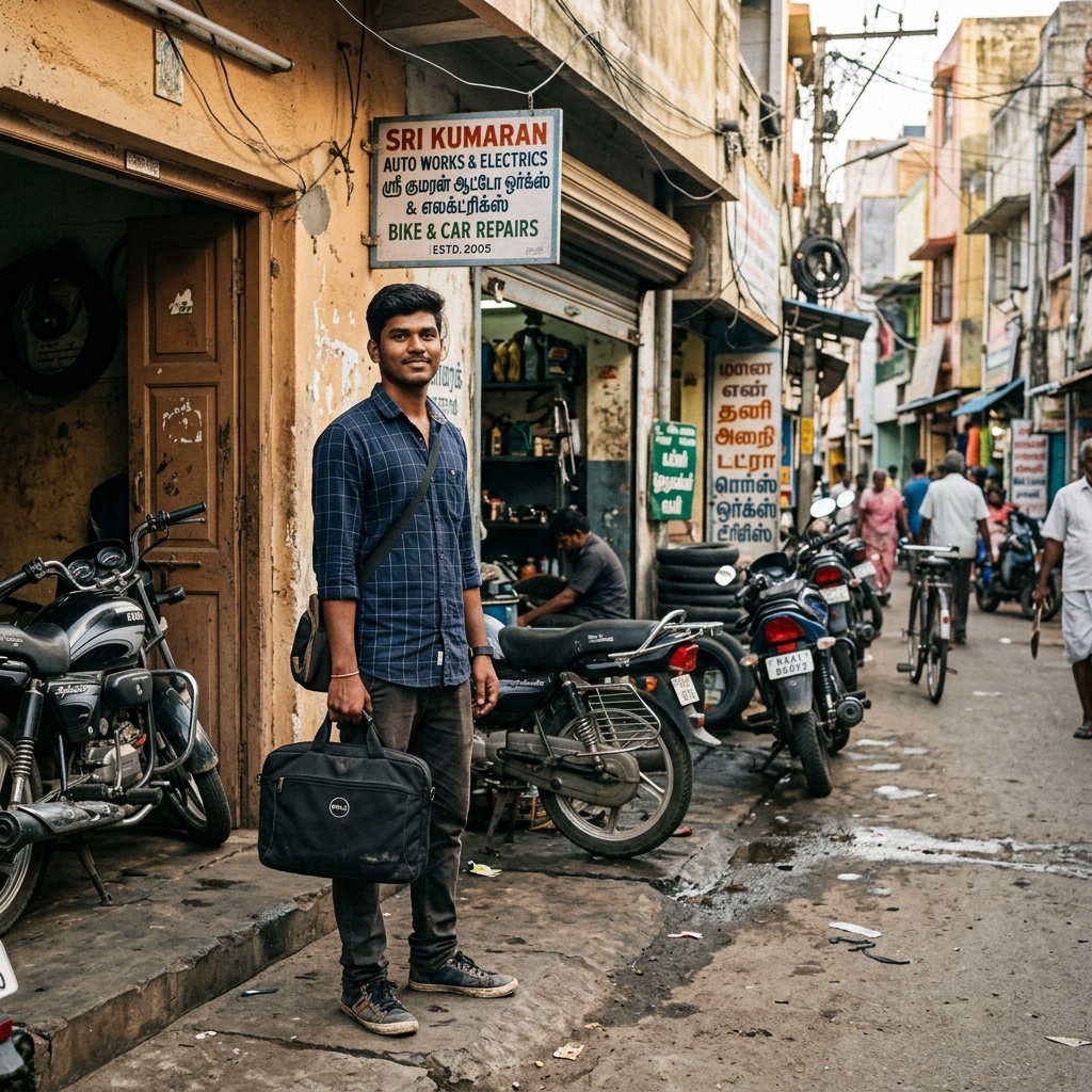 A young man in his early twenties standing on a narrow lane in Coimbatore, holding a Dell laptop bag, smiling hopefully... the moment before he knocked on our door