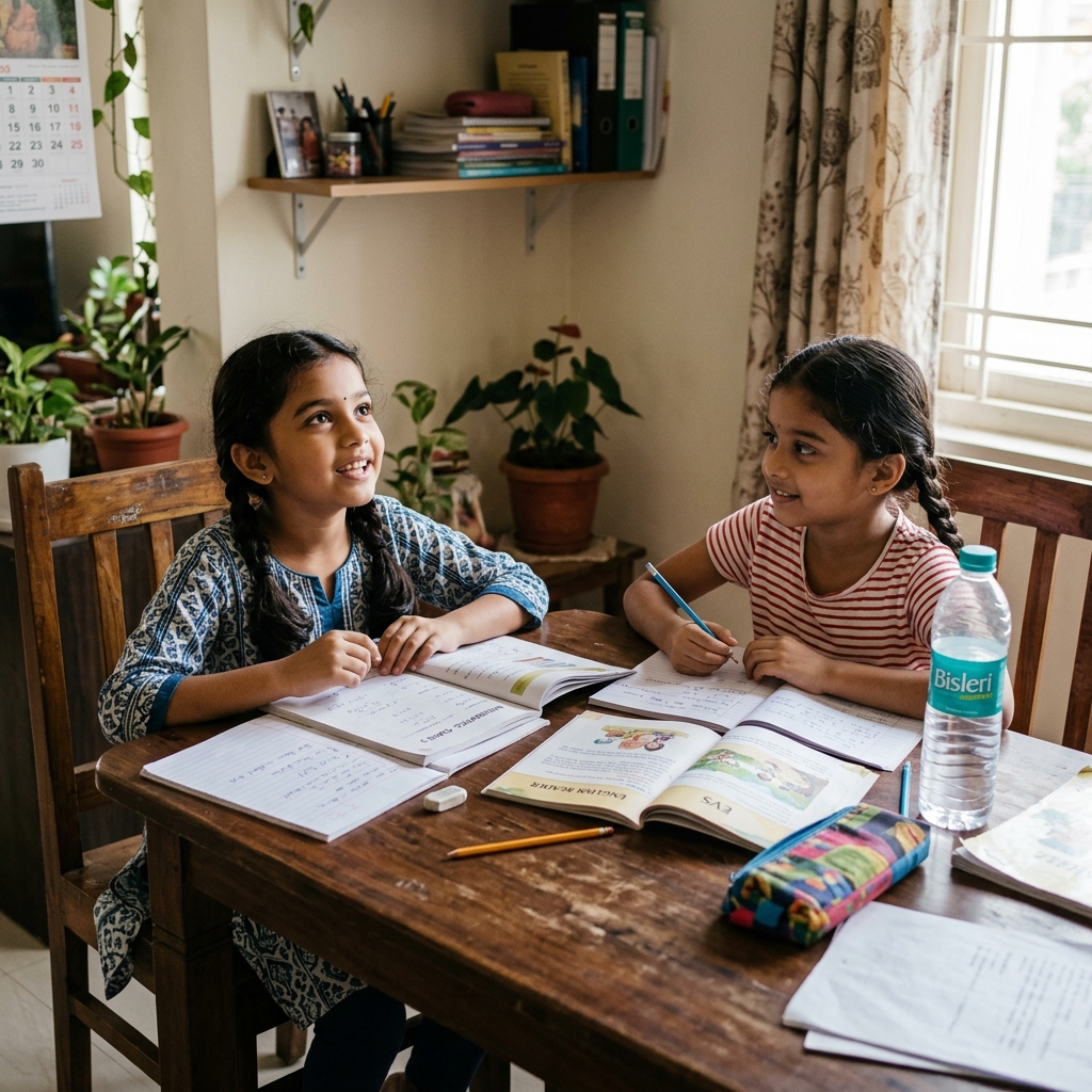 Two young girls sitting at a wooden table with school books open, one looking up mid-question, the other listening