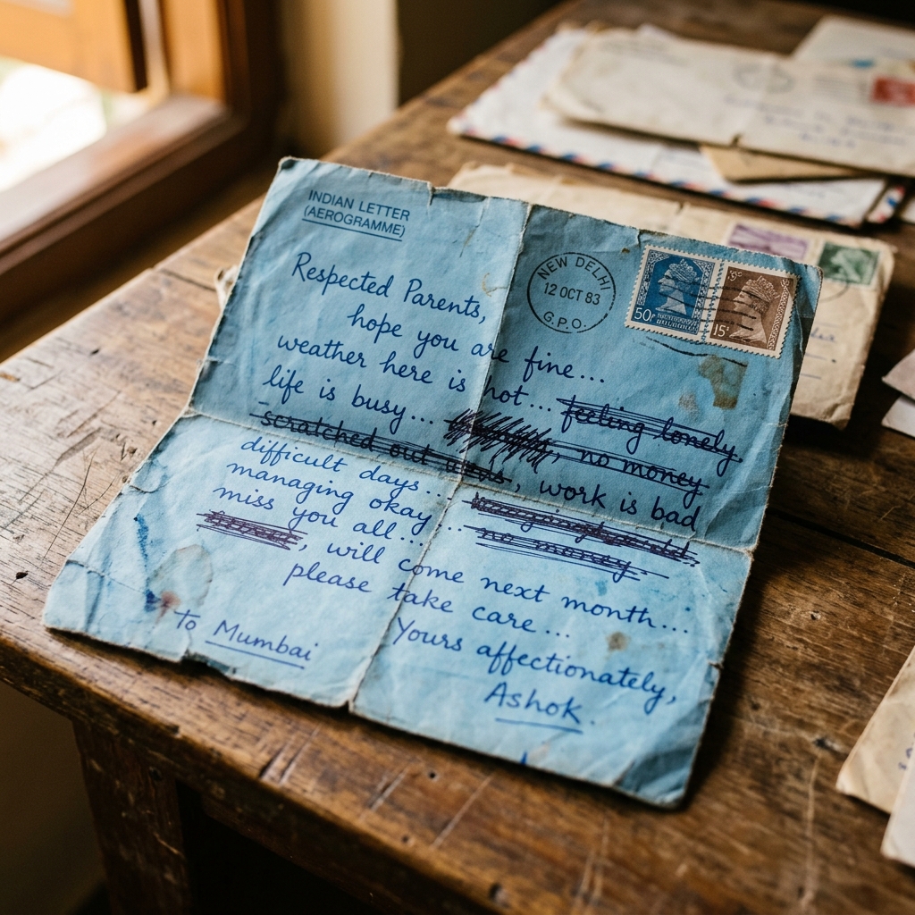 An old blue Indian inland letter with handwritten text in ink, some lines scratched out with pen, aged folds visible, warm natural window light