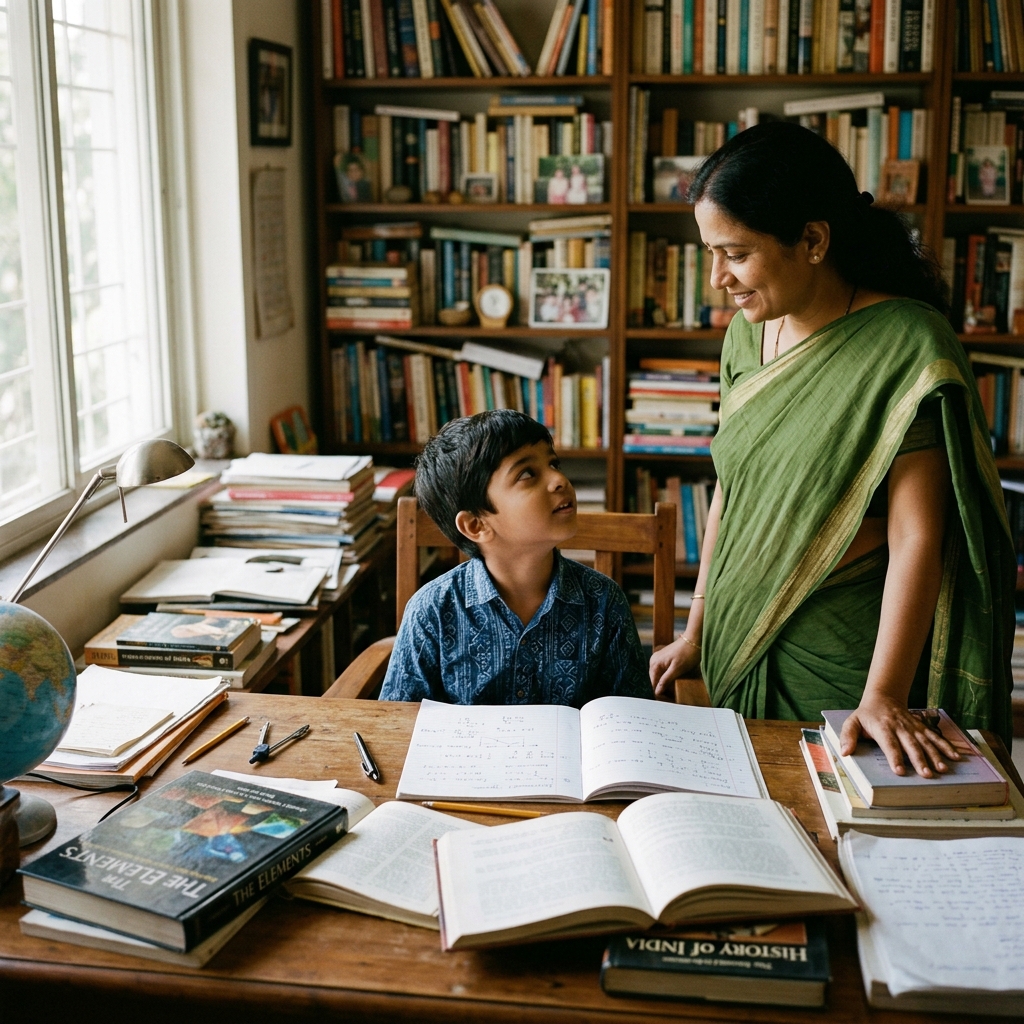 A young boy sitting at a large desk surrounded by stacks of books and papers, looking up at a parent standing nearby with a gentle but watchful expression, warm indoor light, an open library behind them