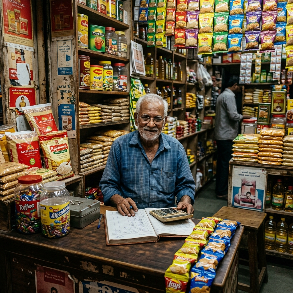 An elderly Indian shopkeeper sitting behind a wooden counter in a warm kirana store, surrounded floor to ceiling by flour packets, spices and groceries... a ledger and calculator in front of him, a gentle knowing expression on his face