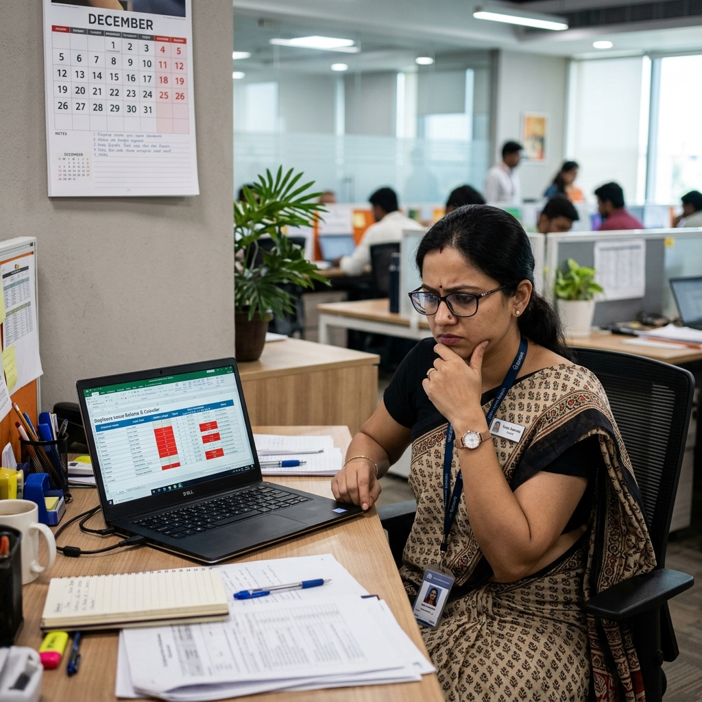 An HR manager frowning at a leave balance spreadsheet on her laptop in a modern Indian office... a December calendar visible on the wall behind her, red-highlighted cells on screen