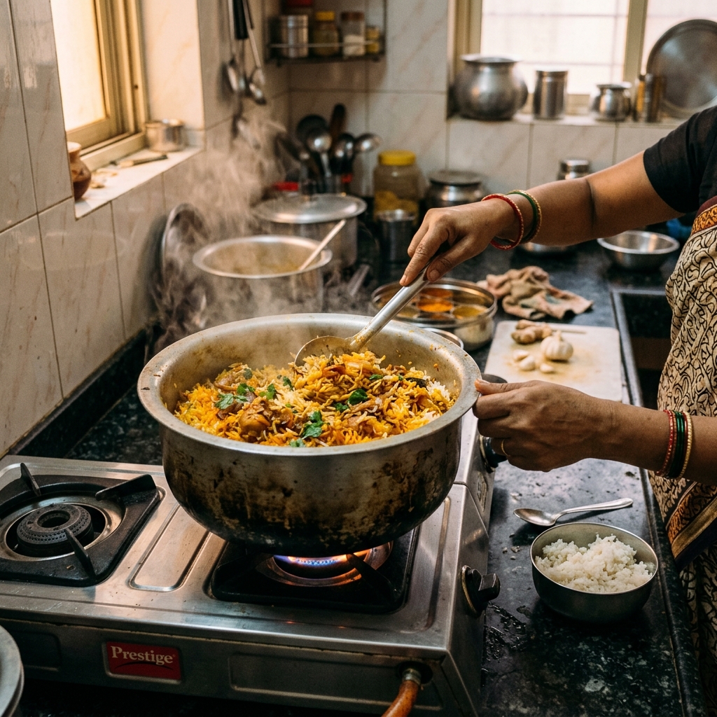 A large pot of biryani being prepared on a stove in a home kitchen, steam rising, with a smaller bowl of plain leftover rice sitting on the counter nearby