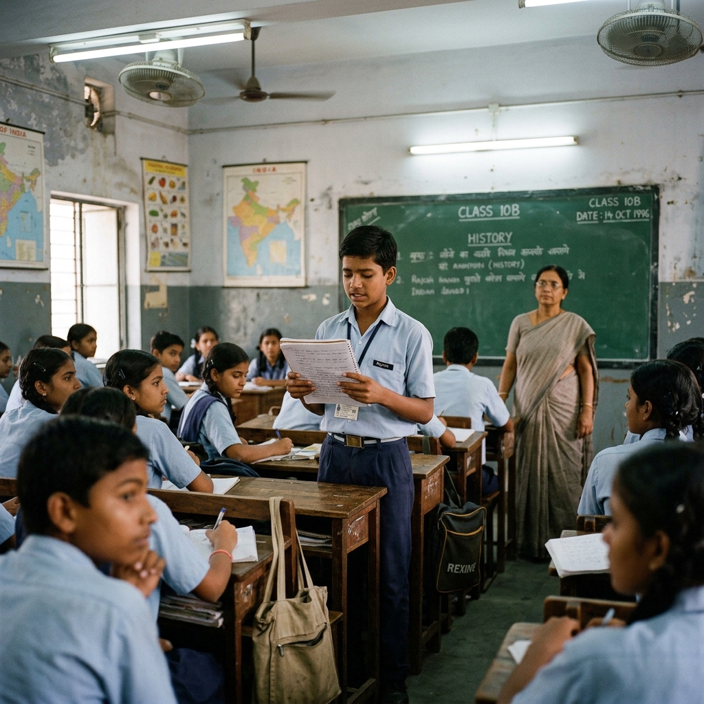 A student standing at a classroom desk, textbook open, expression of quiet bewilderment at what he has just read aloud