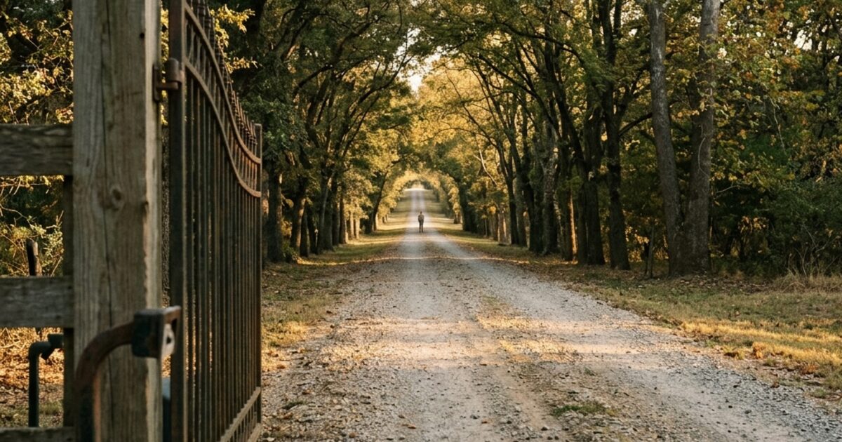 A very long tree-lined driveway stretching to a vanishing point in golden afternoon light... a tiny figure stands at the far end, barely visible... the geometry of infinity made real