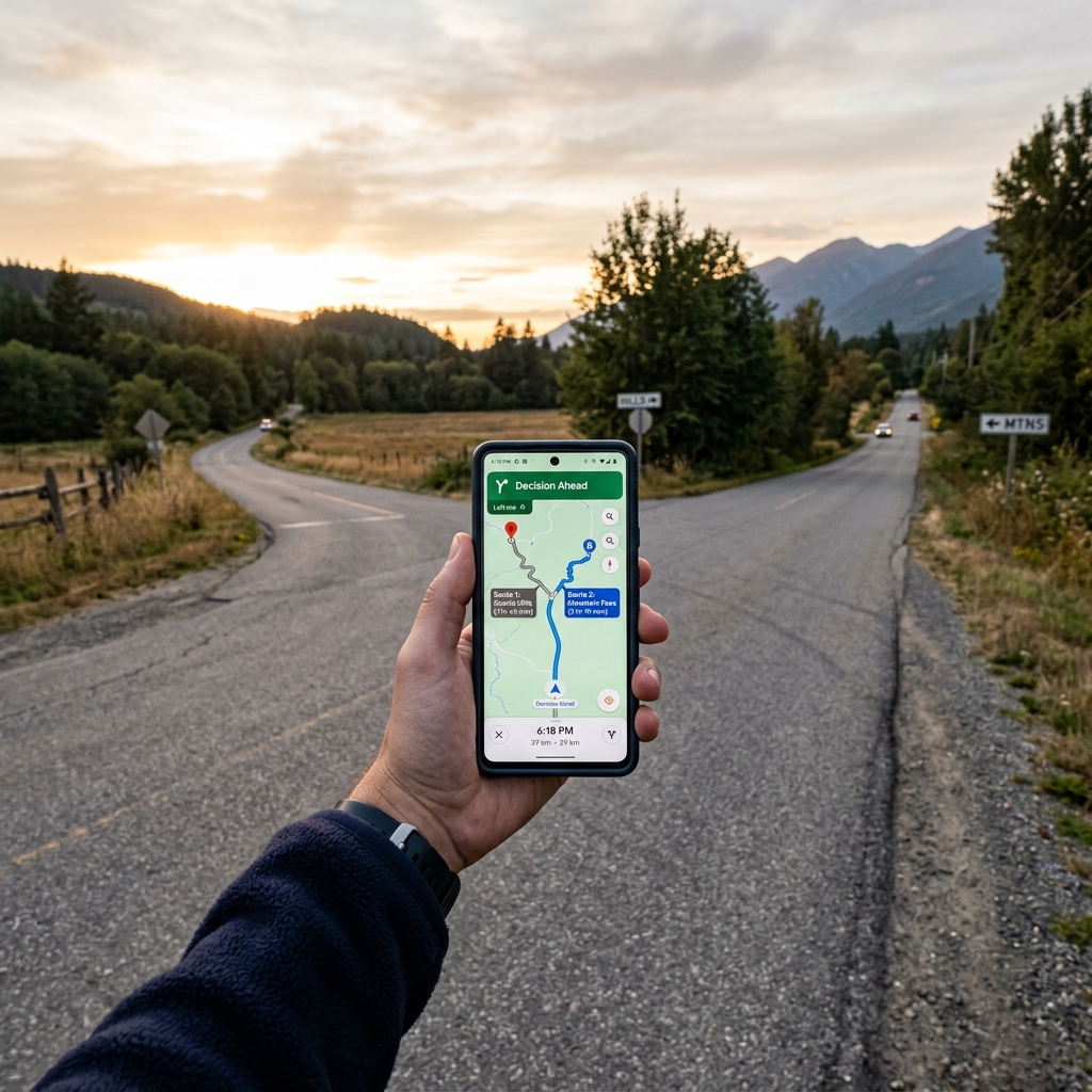 A hand holding a smartphone showing a navigation map at a fork in the road... two routes splitting in different directions at golden hour, the choice of which path to take made literal