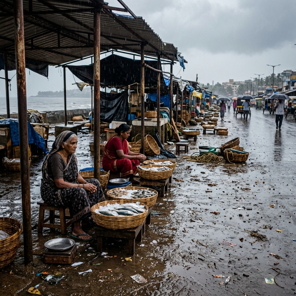 A nearly empty coastal fish market on a rainy monsoon morning... just two fisherwomen at their stalls, sparse baskets of fish, empty spaces stretching down where dozens of sellers usually sit, grey sky and wet ground