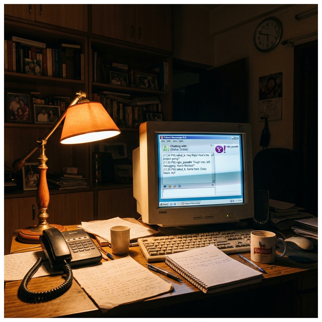 An old desktop computer screen in a dim room showing a Yahoo Messenger chat window with a username, next to a modern smartphone showing a WhatsApp username settings screen