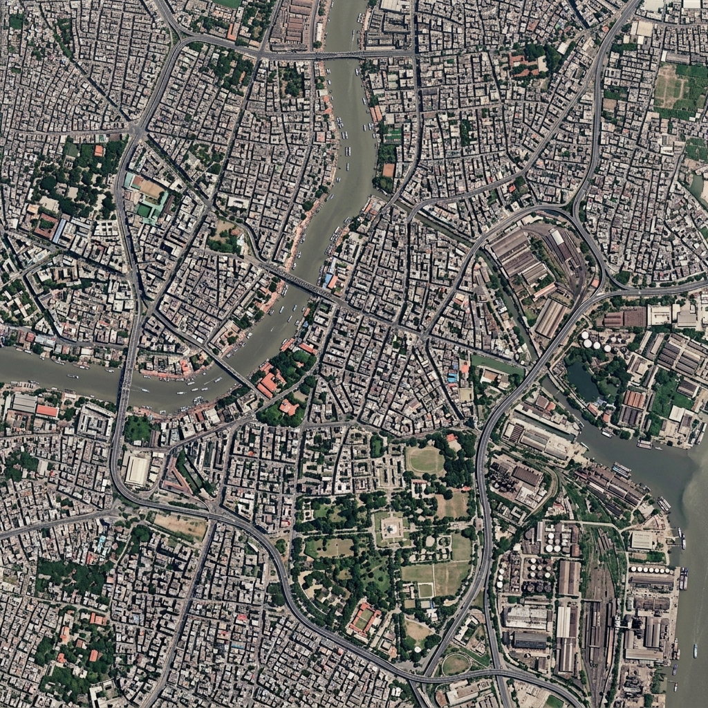 Aerial satellite photograph of a dense Indian city viewed from directly above... roads, rivers, residential blocks, parks and industrial areas all visible, the raw material of map-making
