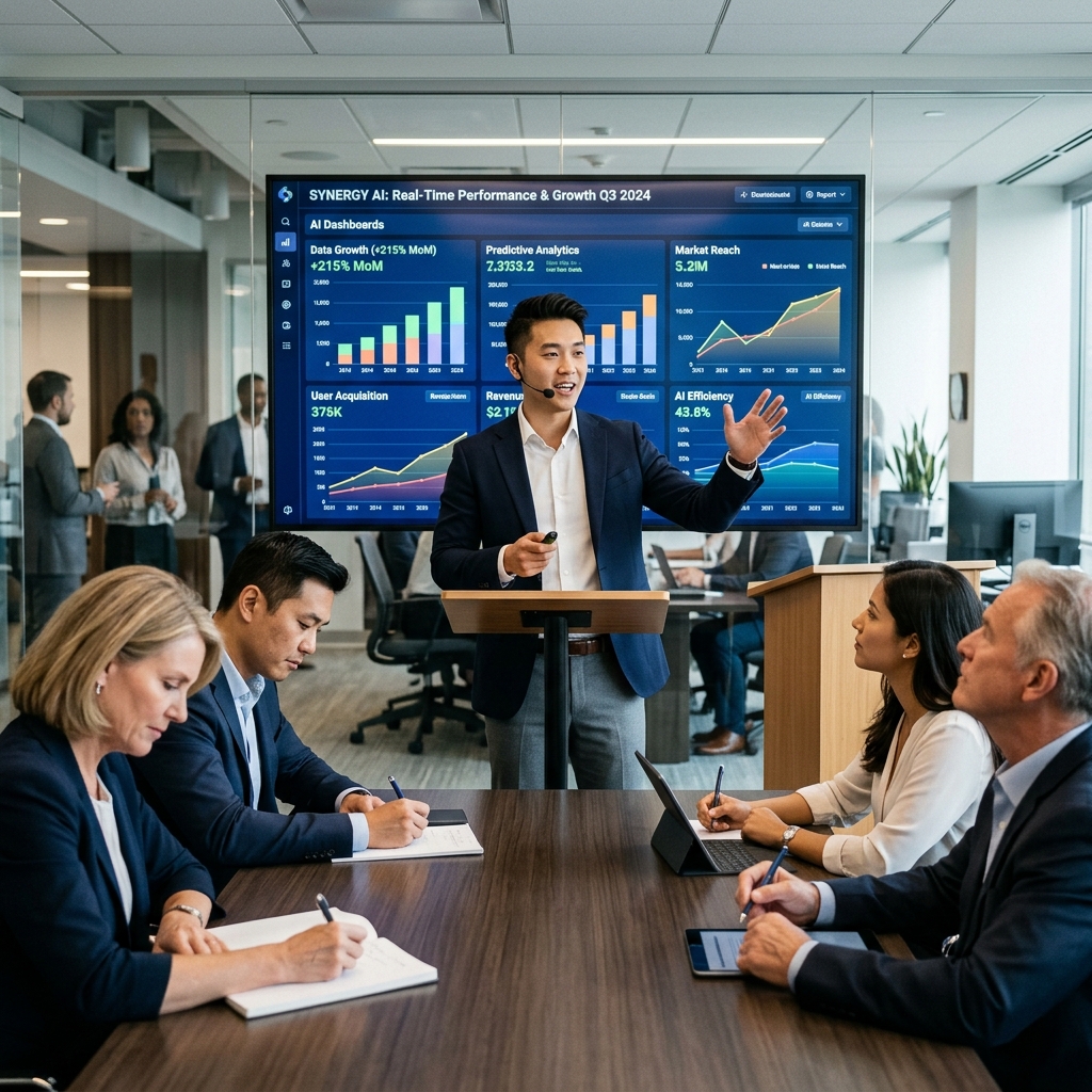 A startup founder presenting an AI dashboard to a room of investors who lean forward taking notes... the gap between what the slide promises and what exists is the tension in the room