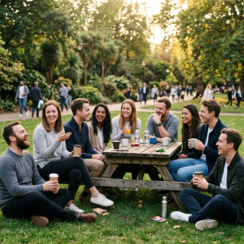A corporate team sitting on grass around a park table, laughing and talking freely... no presentations, no agenda, just people being with each other. Golden afternoon light.