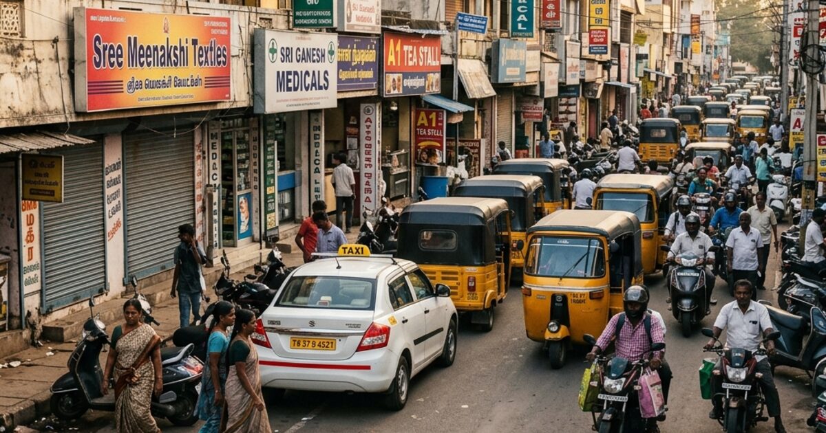 A busy Coimbatore street... Tamil script shop signboards for Sree Meenakshi Textiles, Sri Ganesh Medicals, A1 Tea Stall... yellow-black autorickshaws, a white taxi, two-wheelers, women in sarees crossing... the texture of Tier-2 India that a report cannot capture