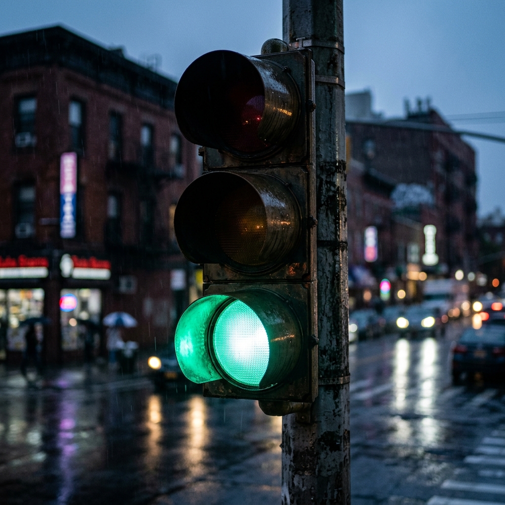 A green traffic light on a city street
