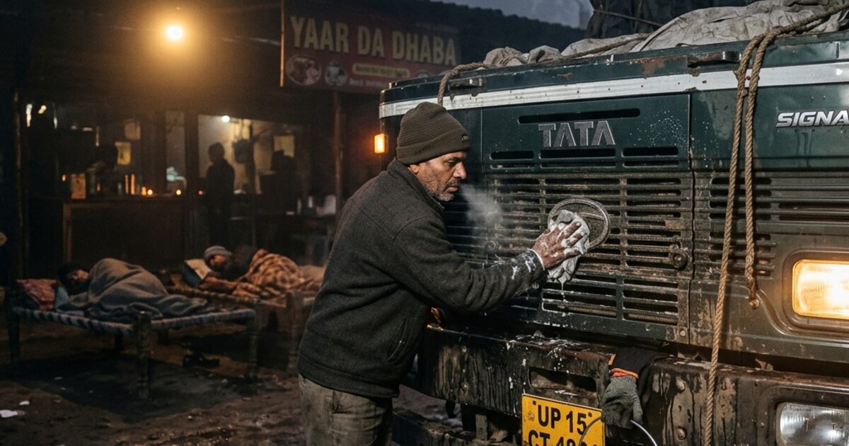 A truck driver in a woollen cap washing a TATA Signa truck with a steel bucket of ice-cold water at 4 AM... 'Yaar Da Dhaba' glowing in the fog behind him... other truckers asleep on cots... his breath visible in the freezing Delhi winter air
