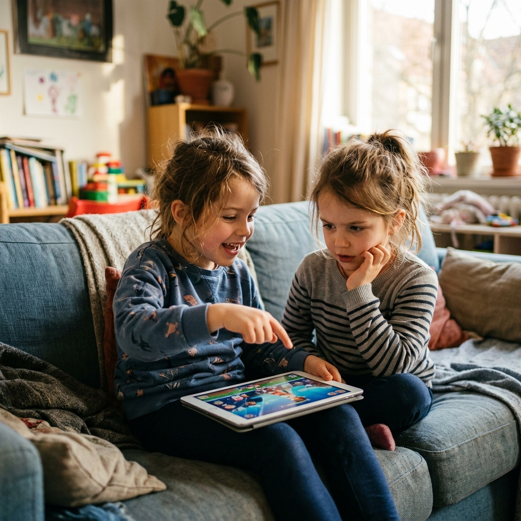 Two young twin girls, around 6, sitting together on a sofa with a tablet. One points excitedly at the screen; the other sits with her chin in her hand, thoughtful.
