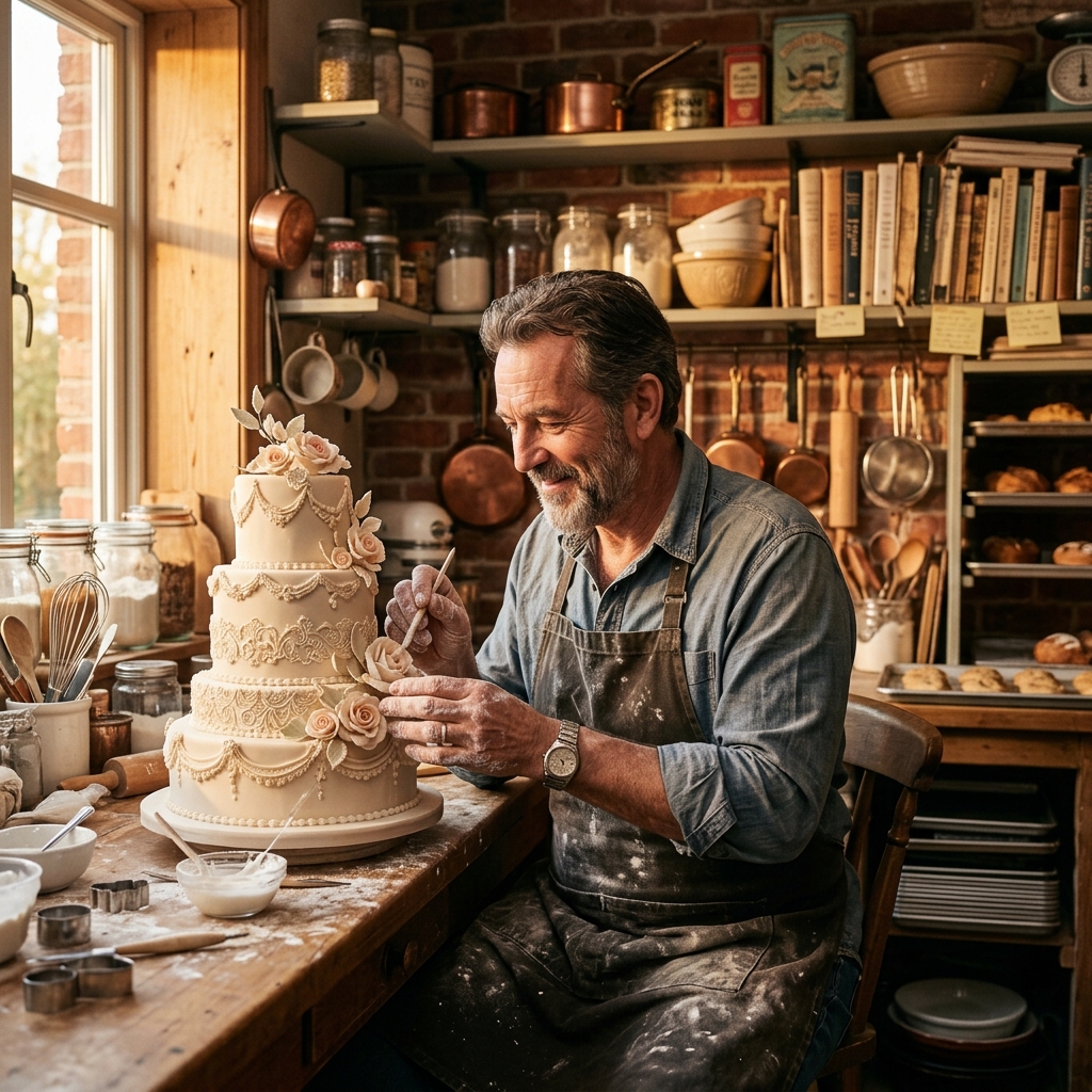 A baker finishing a layered cake at a wooden workbench, shelves of ingredients behind him
