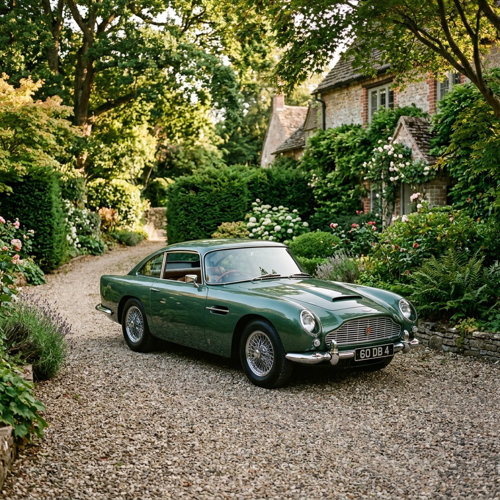 A beautifully restored vintage 1960s classic car parked on a gravel driveway in a lush private English cottage garden, warm afternoon sunlight filtering through tall trees