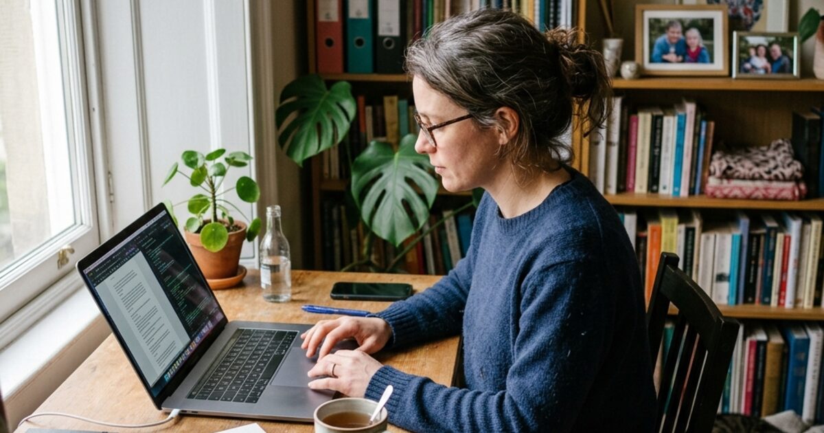 A person working alone at a home desk... genuinely focused, natural window light, laptop open, tea beside them, a bookshelf and family photos behind them... the quiet dignity of someone who chooses to be productive when nobody is watching
