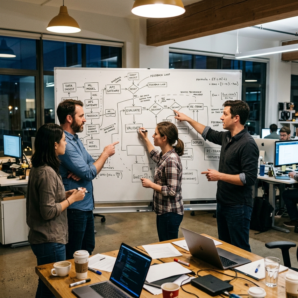 A team of engineers at a whiteboard covered in workflow diagrams, arrows and decision steps, collaborating in a real office at evening