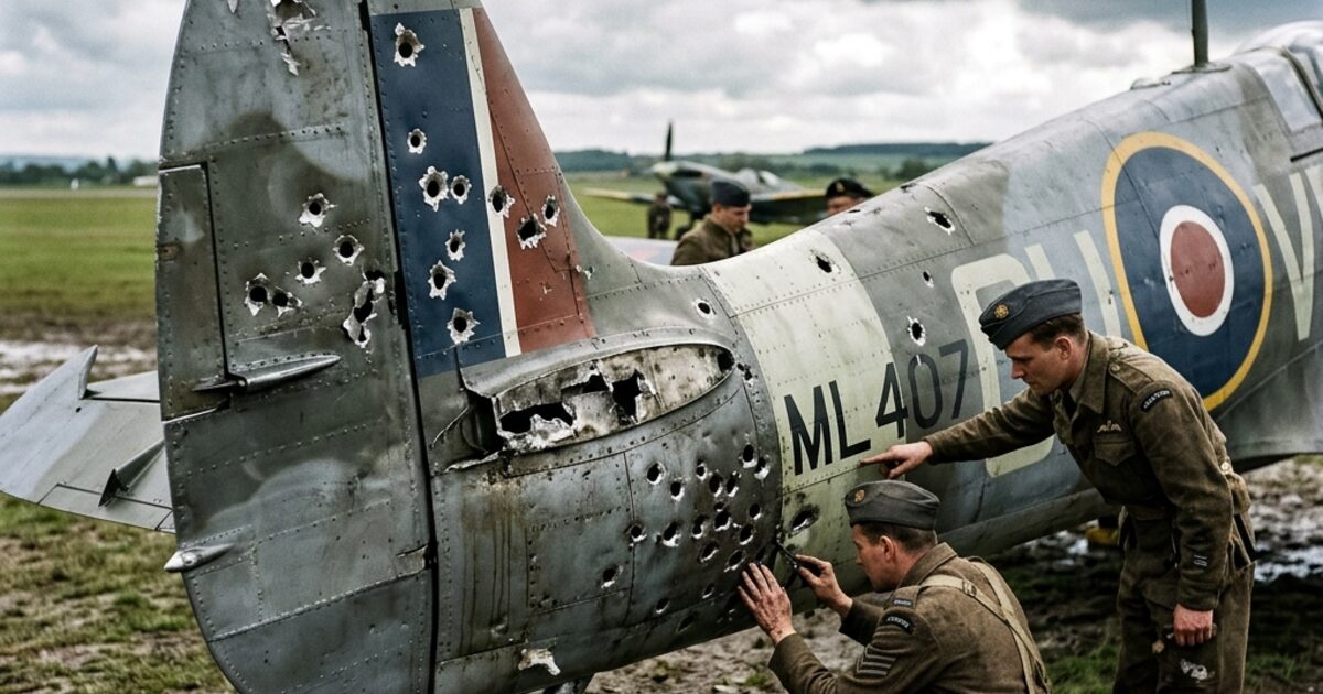 A WWII RAF fighter plane on the ground... two officers inspecting bullet holes clustered in the tail section... the fuselage punctured and scarred, RAF roundel visible, dramatic overcast sky... the planes that made it back, carrying the wrong lesson