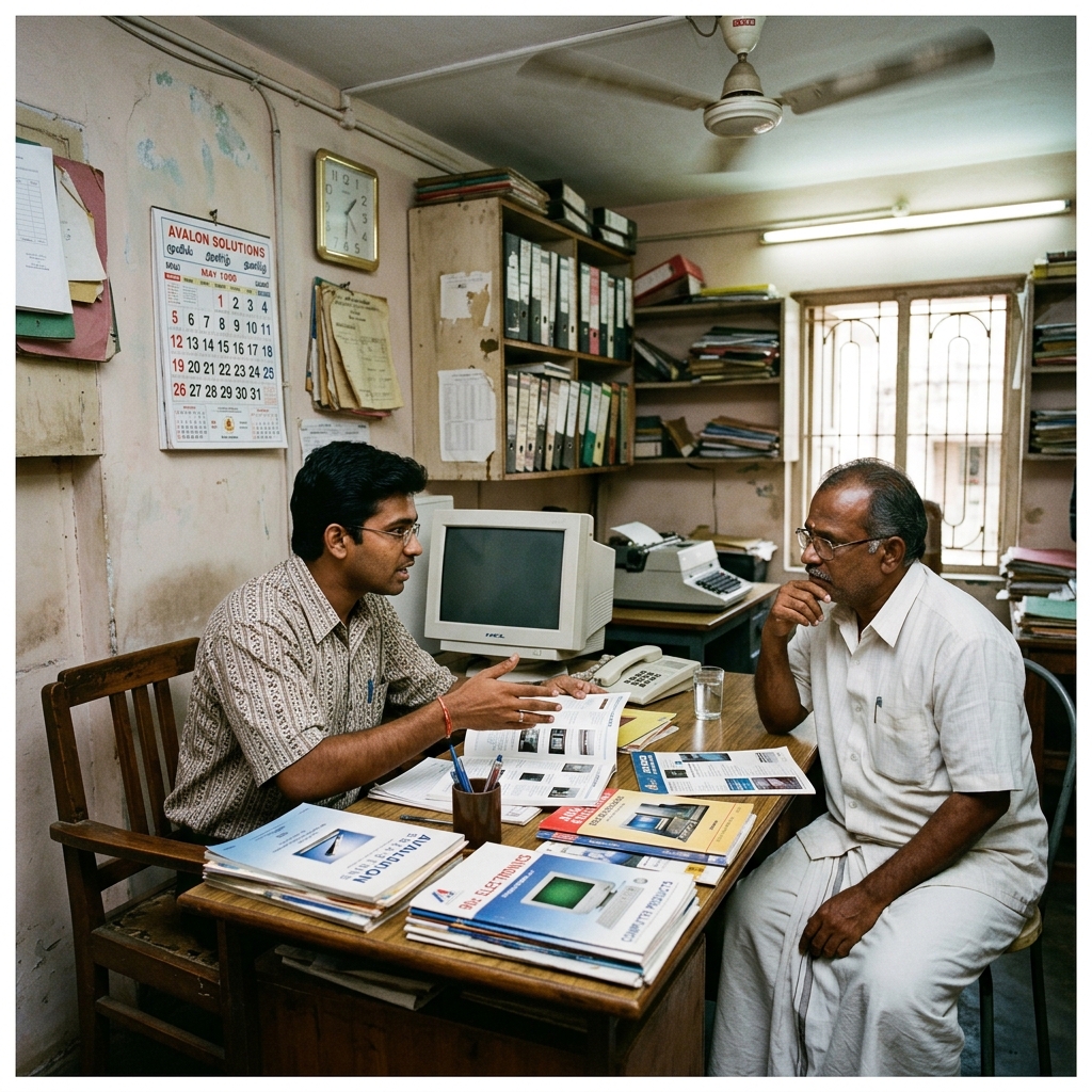 A young Indian salesman in his mid-twenties leaning across a table in a modest South Indian office, May 1999 calendar on the wall, brochures spread on the desk, explaining something earnestly to an older client who listens carefully