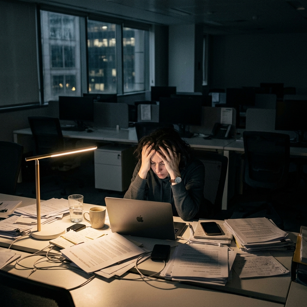 A person sitting at a desk late at night with their head in their hands