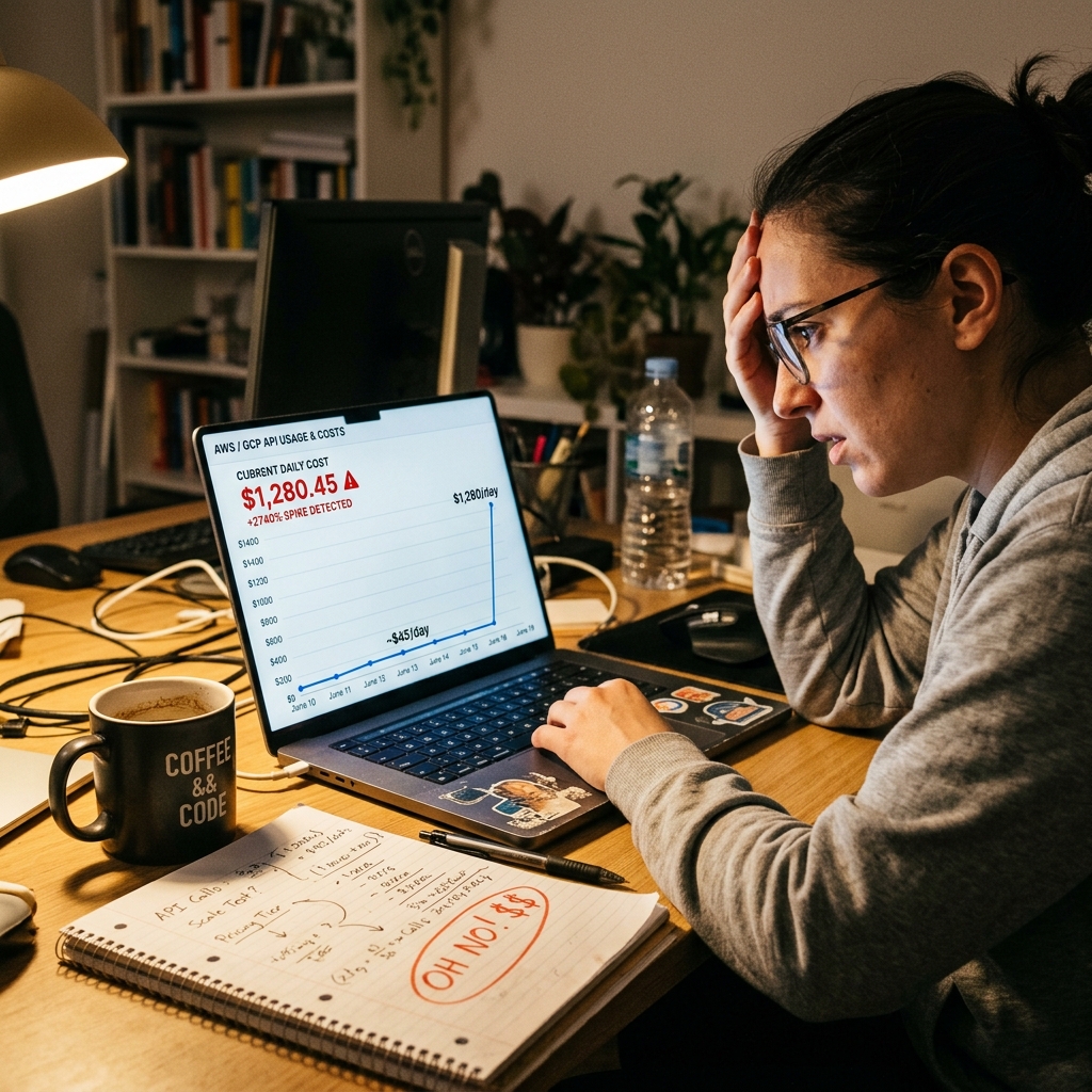 A developer looking at a sudden spike in API costs on a laptop screen