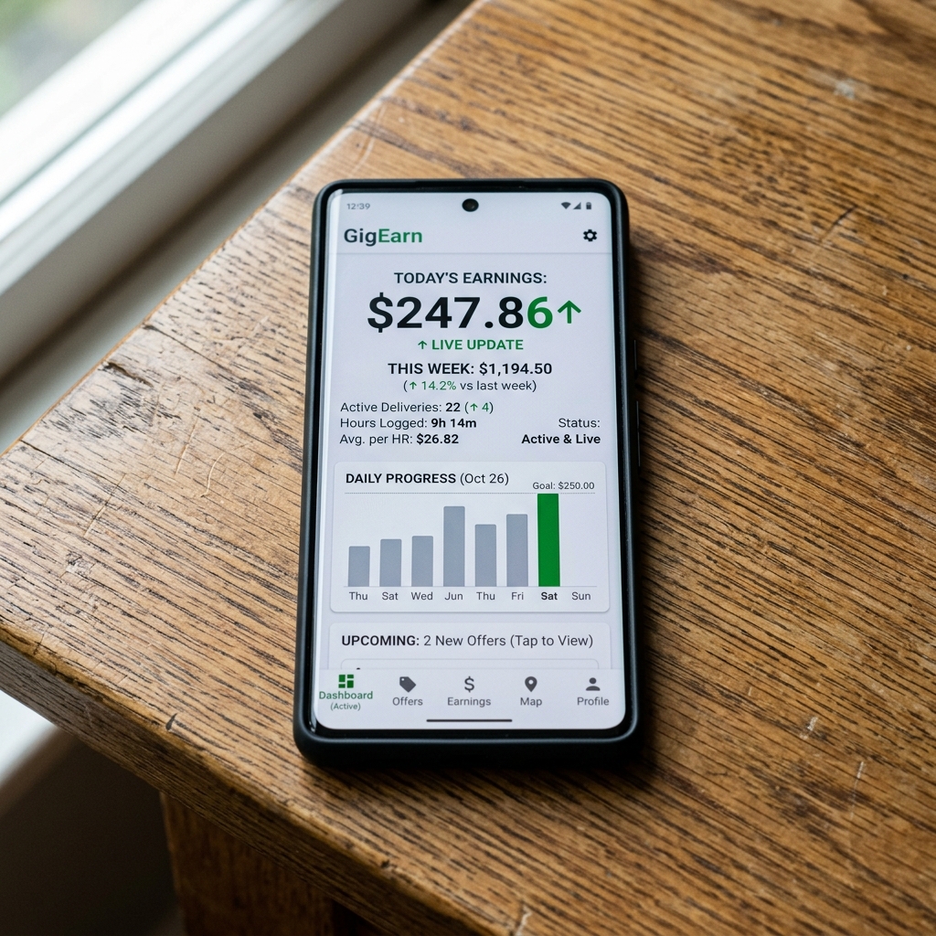 A person smiling at a mobile app dashboard showing earnings updating in real time